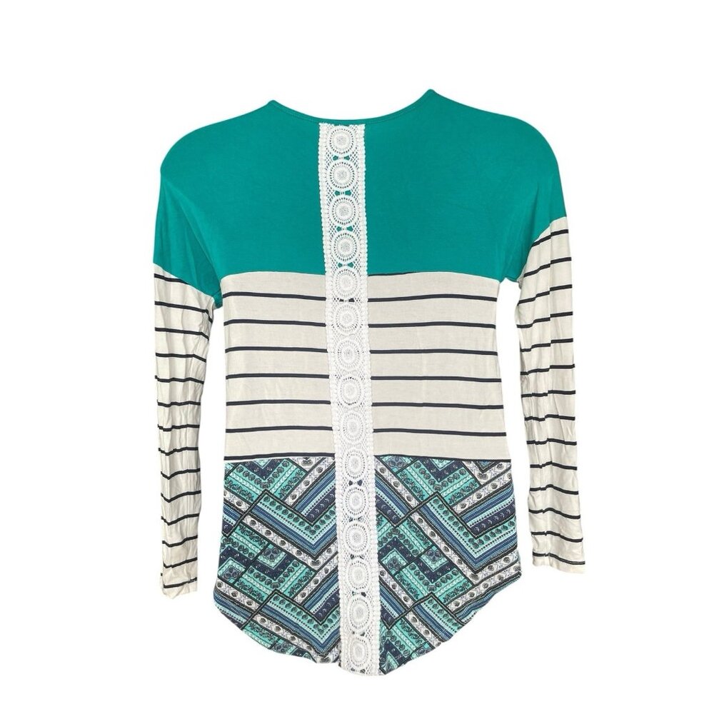 Cloth & Portrait Tunic Women M Boho Long Sleeve Pullover V-Neck Top Festival